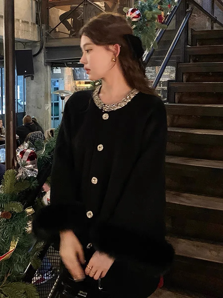 Autumn Winter High End Diamond Double Sided Wool Coat Woman Single Breasted Fox Fur Cuff Female Cloak Loose Woolen Jacket Coats