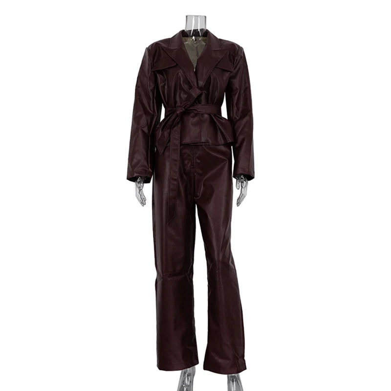 Vintage Wine Red Pu Leather Women Two Piece Outfit Set Elegant Long Sleeve Lace-Up Shirts And Straight Simple Trousers 2024 New