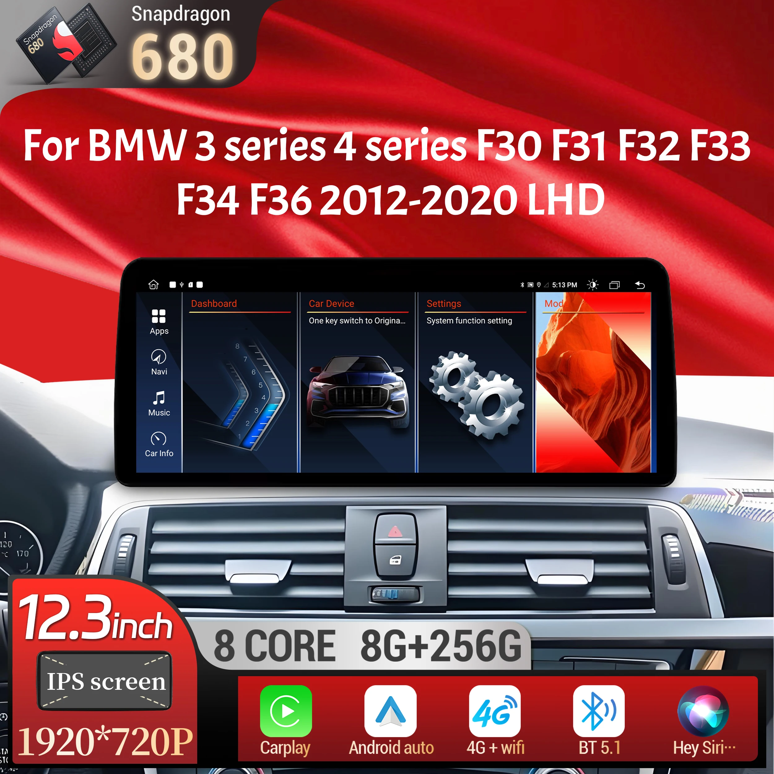 

12.3 inch LHD Android 13 For BMW 3 series 4 series F30 F31 F32 F33 F34 F36 2012-2020 Car Radio BT Carplay Snapdragon 680 Screen