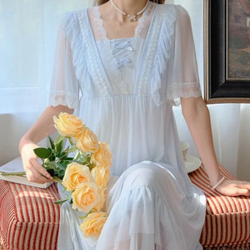 Summer Women Mesh Long Night Dress Fairy Modal Square Collar Nightdress Sweet Nightgown Romantic Princess Sleepwear Nightwear