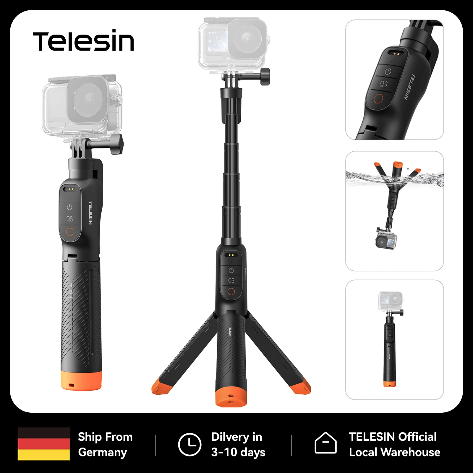 TELESIN Perche à selfie flottante Bluetooth étanche avec trépied pour DJI Osmo Action 6 5 Pro 4, bâton de plongée 15M, poignée trépied 3-en-1