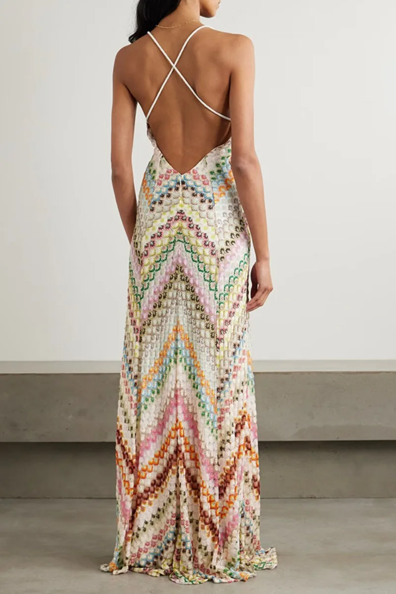 Bohemian Multicolor Chevron Halter Maxi Dress Retro Deep V Neck Criss Cross Backless Sleeveless Pleated Draped Dresses Holiday