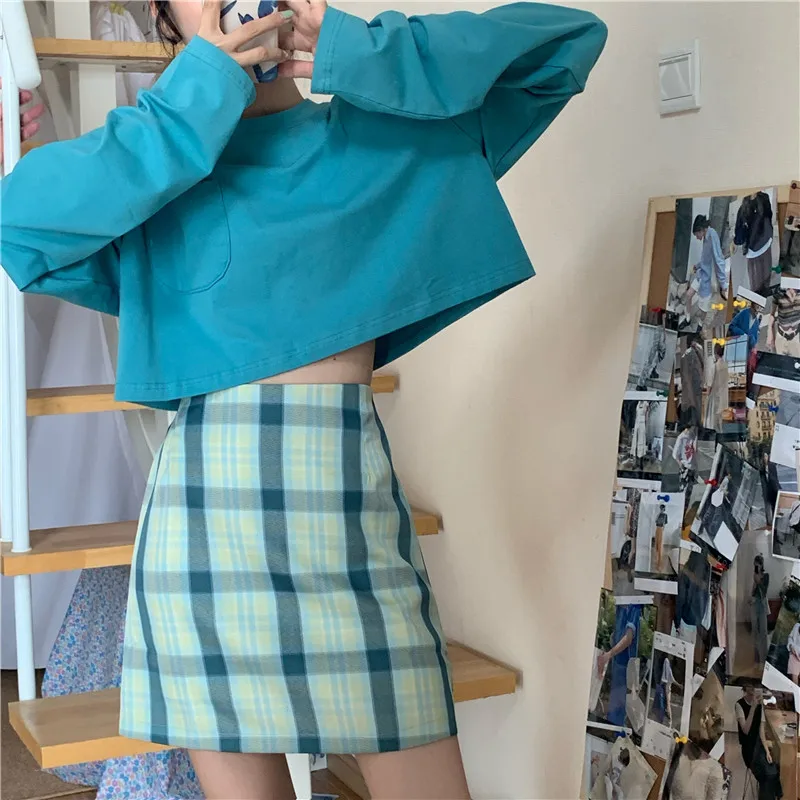 Spring and Autumn Women's Suits Korean Loose Long-sleeved T-shirt + Plaid Bag Hip Skirt Two-piece Western-style Sweet Skirt New