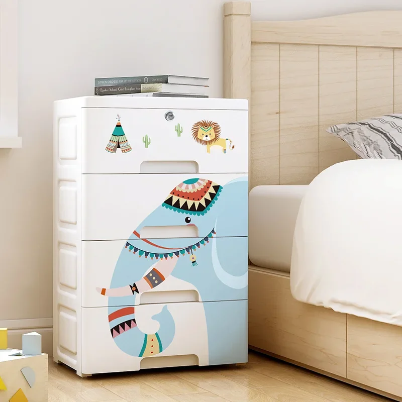 Drawer Storage Cabinet Cartoon Baby Children Clothes Toy Storage Organizer with Lock Household Finishing Storage Box Cabinet