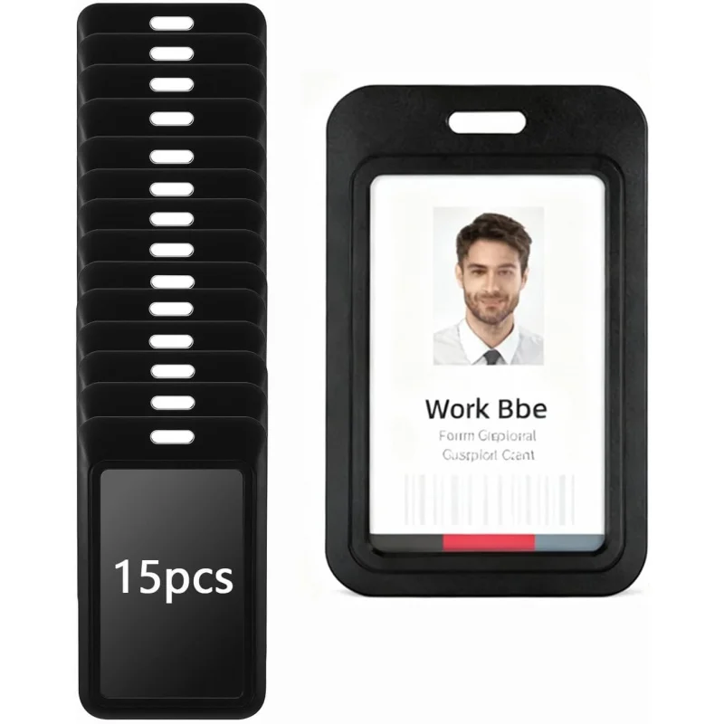 15 Piece Sliding ID Card Holder, Hard Black Vertical Plastic Card Holder Protective Bag, with Transparent Window,