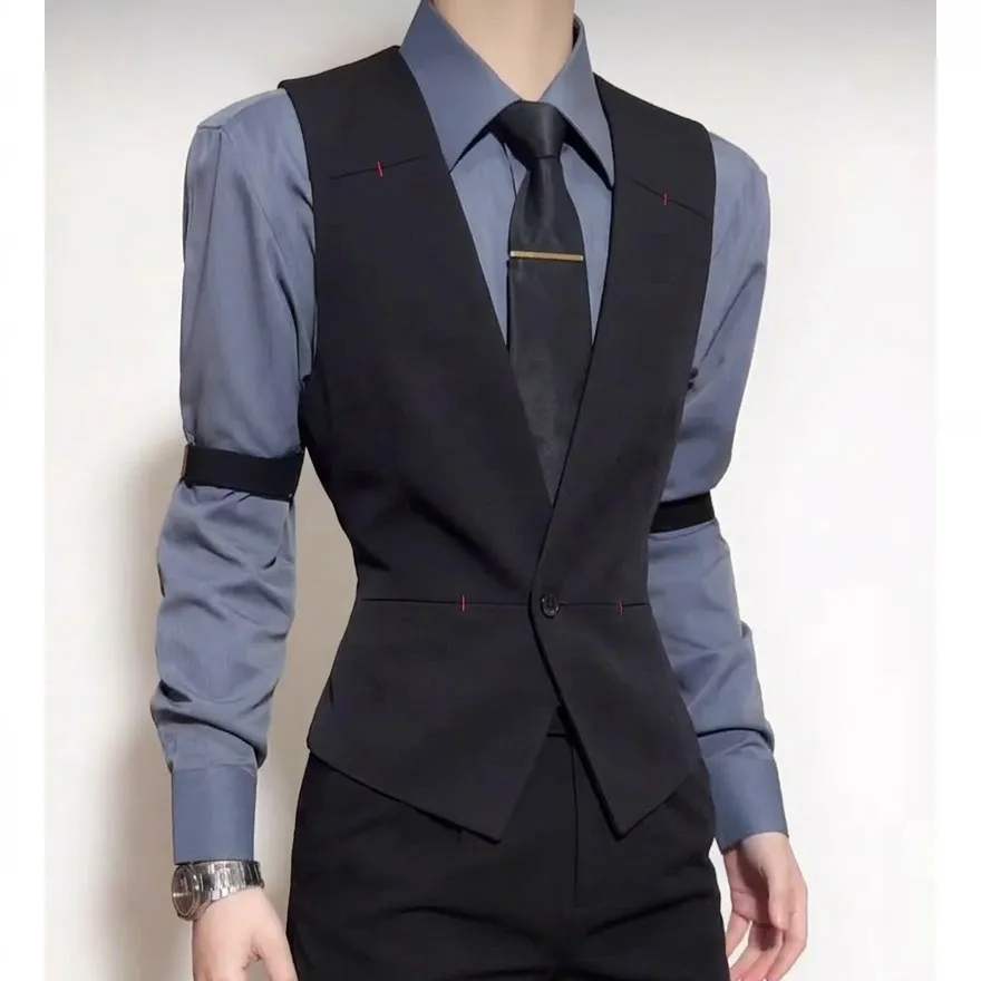 

Fashion One Button V-neck Suit Vest Men's Slim Fit Bartender Waistcoat Casual Business Wedding Party Prom Formal Uniform Vests