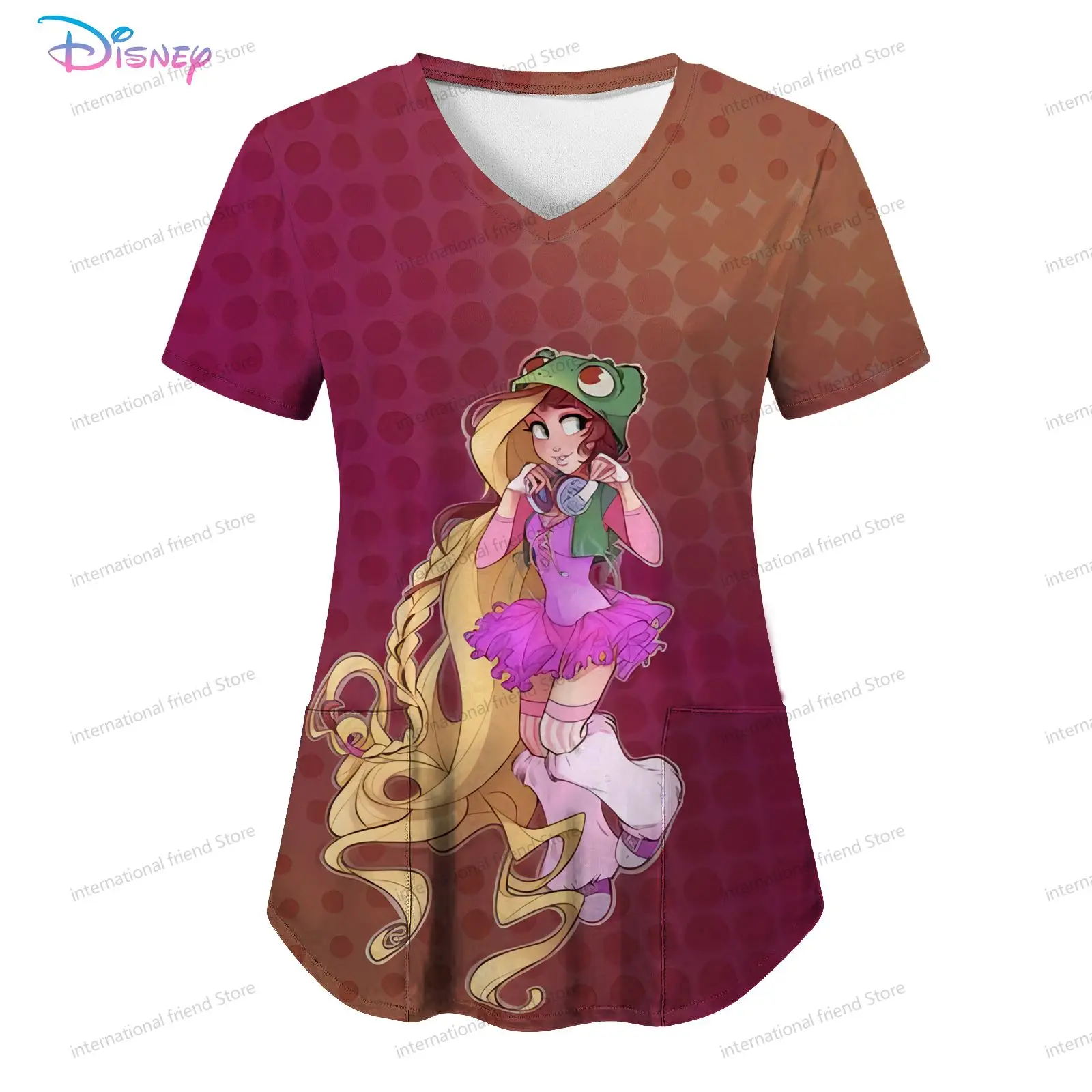 Pocket Disney Princess Women's V Neck Nurse Uniform T-Shirt S-2XL Y2k 2024 Kawaii Youthful Woman Clothes Cheap Top New Dress