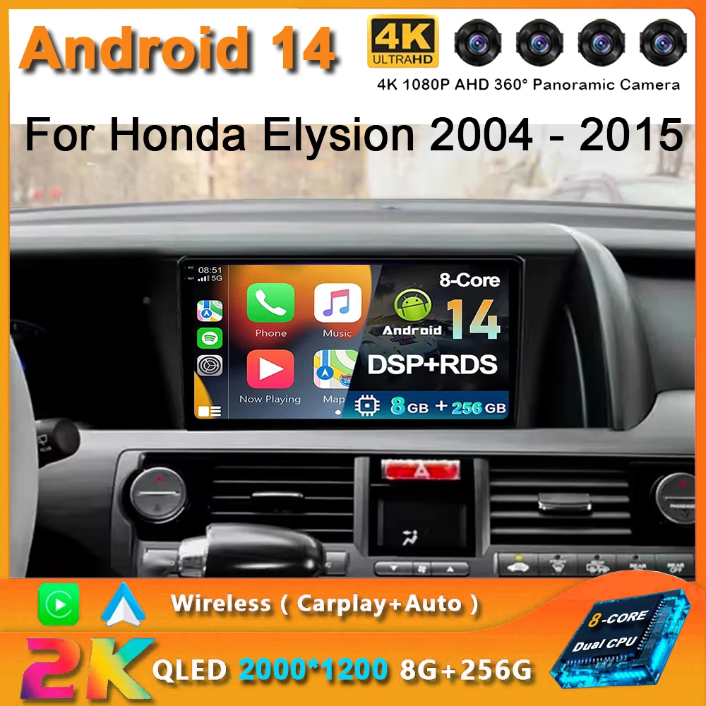 

For Honda Elysion 2004 - 2015 2K QLED Android 14 Car Radio Multimedia Video Player GPS AI Voice CarPlay Head Unit 4G Stereo