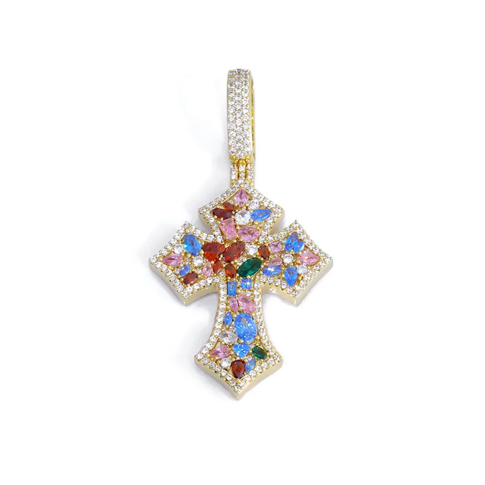Hip hop Pop Pendant Necklace Colored Diamond Cross Cuban Rope Chain Solid Brass Gold Plated Silver Plated Jewelry
