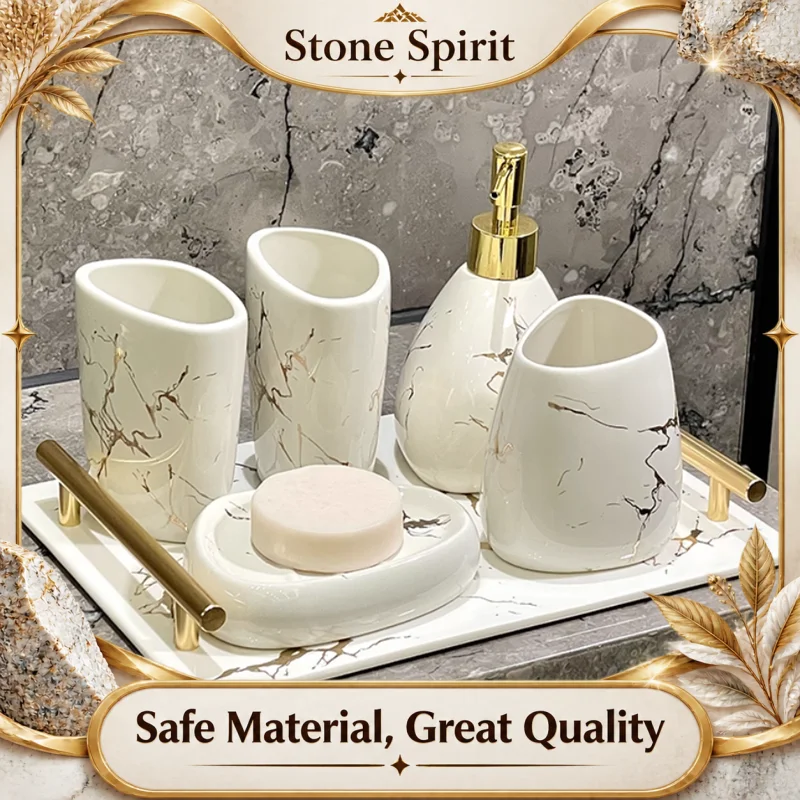 Bathroom Accessories Set Ceramic  Toothpaste Dispenser  Bathroom Cup  Toothbrush Holder Soap Dish Nordic Platinum Marble Texture