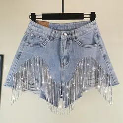 Yaz yırtık kot kısa Femme bayanlar için yüksek bel elmas püskül Y2k rahat dipleri Denim şort kadın giyim moda