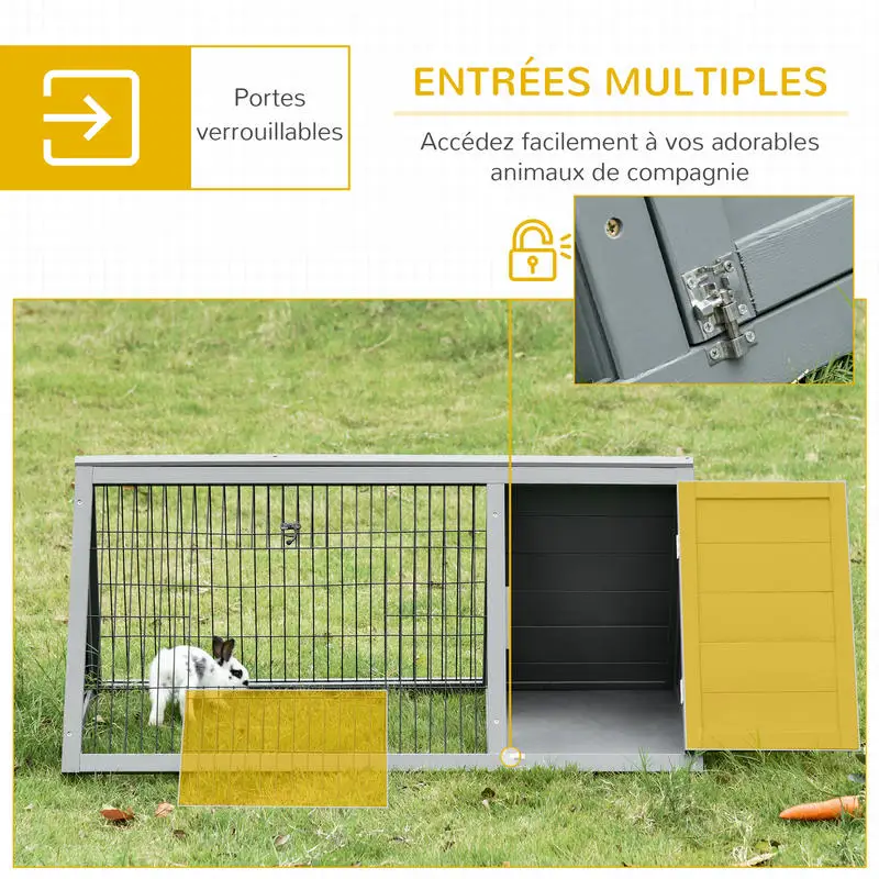Clapier triangulaire de sol pour extérieur, niche à double porte, adapté aux lapins, poules, tortues terrestres, etc. 116L x 62.2L x 52.5H cm bois massif pin gris