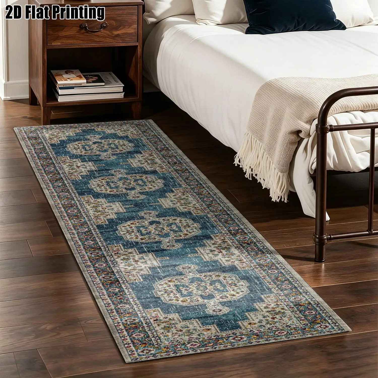 1Pc 2D Printed Long Strip Rug Blue-White Retro Geometric Pattern, Multi-Style, Multi-Size, Machine Washable, Ideal for Entrance, Hallway, Living Room, Bedroom Home Decor.