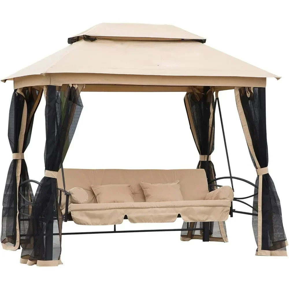 

3-Seat Patio Swing Chair, Outdoor Gazebo Swing with Double Tier Canopy, Mesh Sidewalls, Cushioned Seat and Pillows, Beige