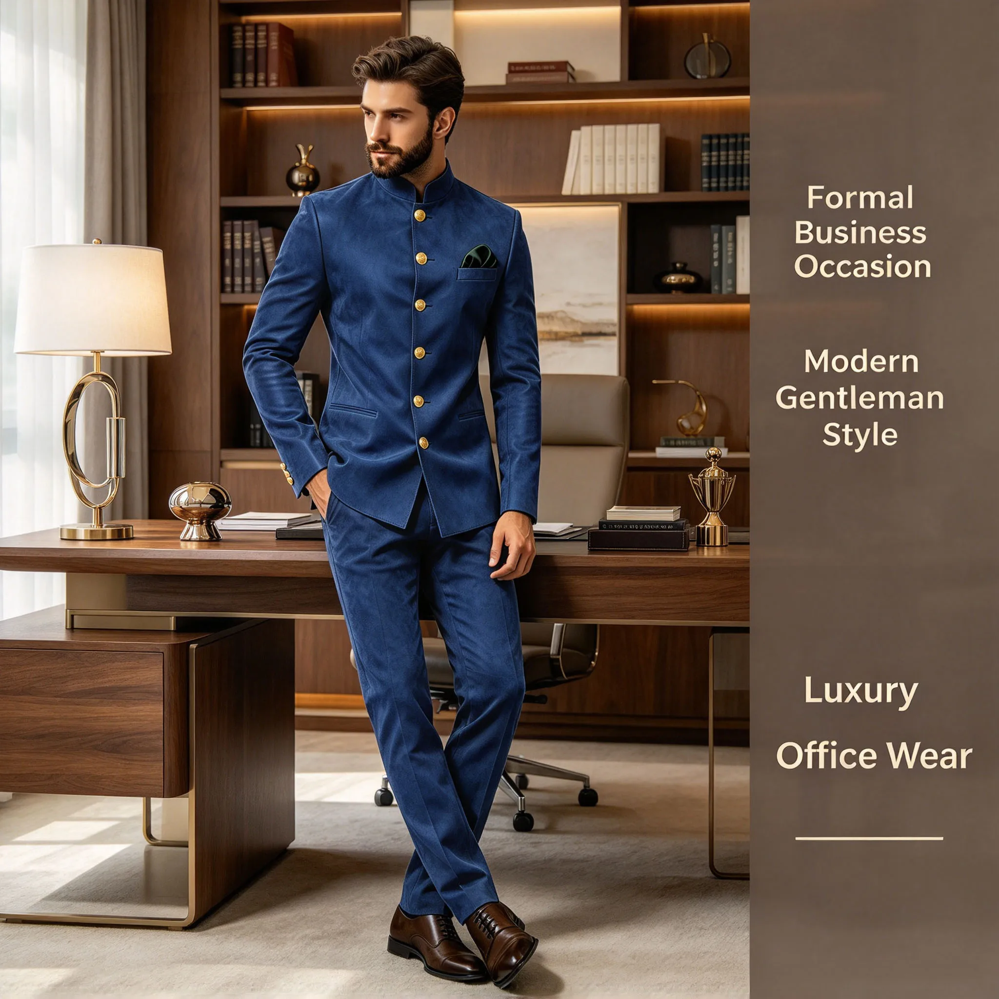 Men's Mandarin Collar 2 Piece Suit Set Faux Suede Multi Gold Button Regular Fit Wedding Party Formal Outfit Blazer Trousers Suit