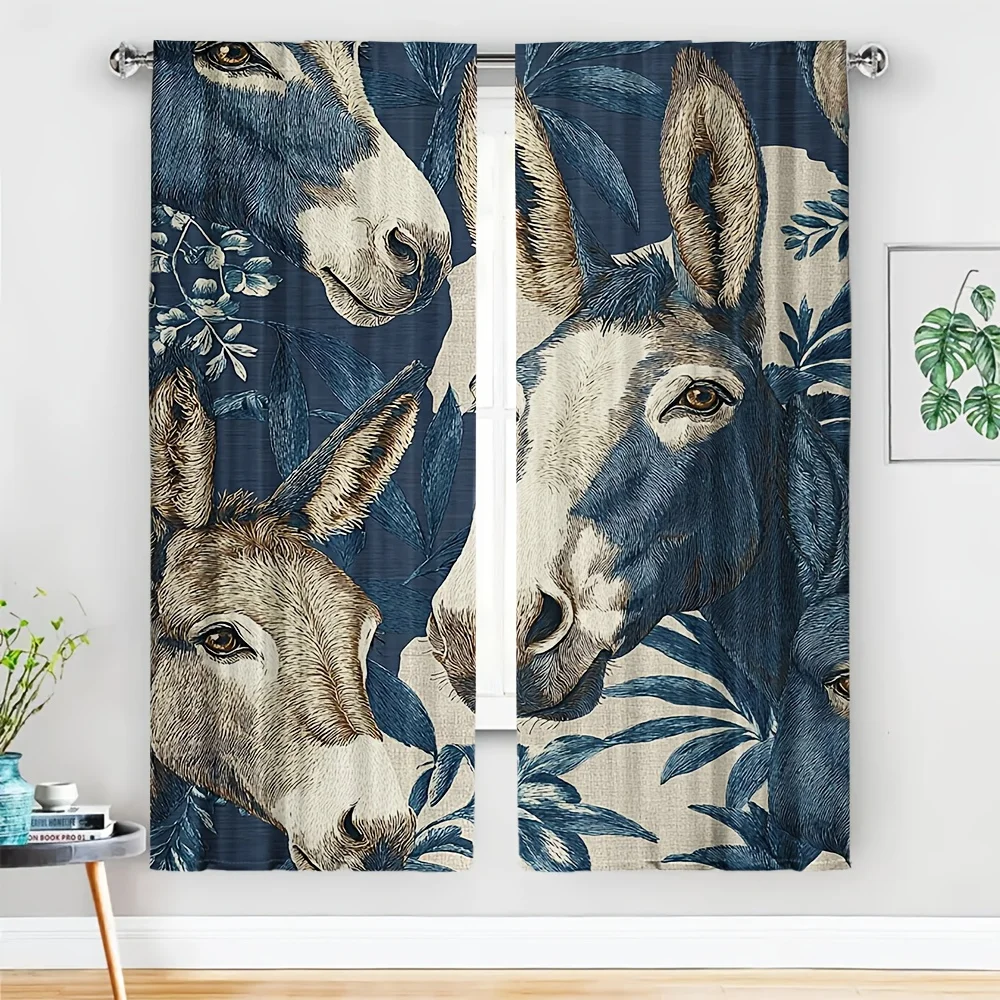 2pcs Donkey Illustration Curtains No Rod — Navy Blue with Hand-Drawn Donkey Heads & Tropical Leaves, Sheer Polyester for Living