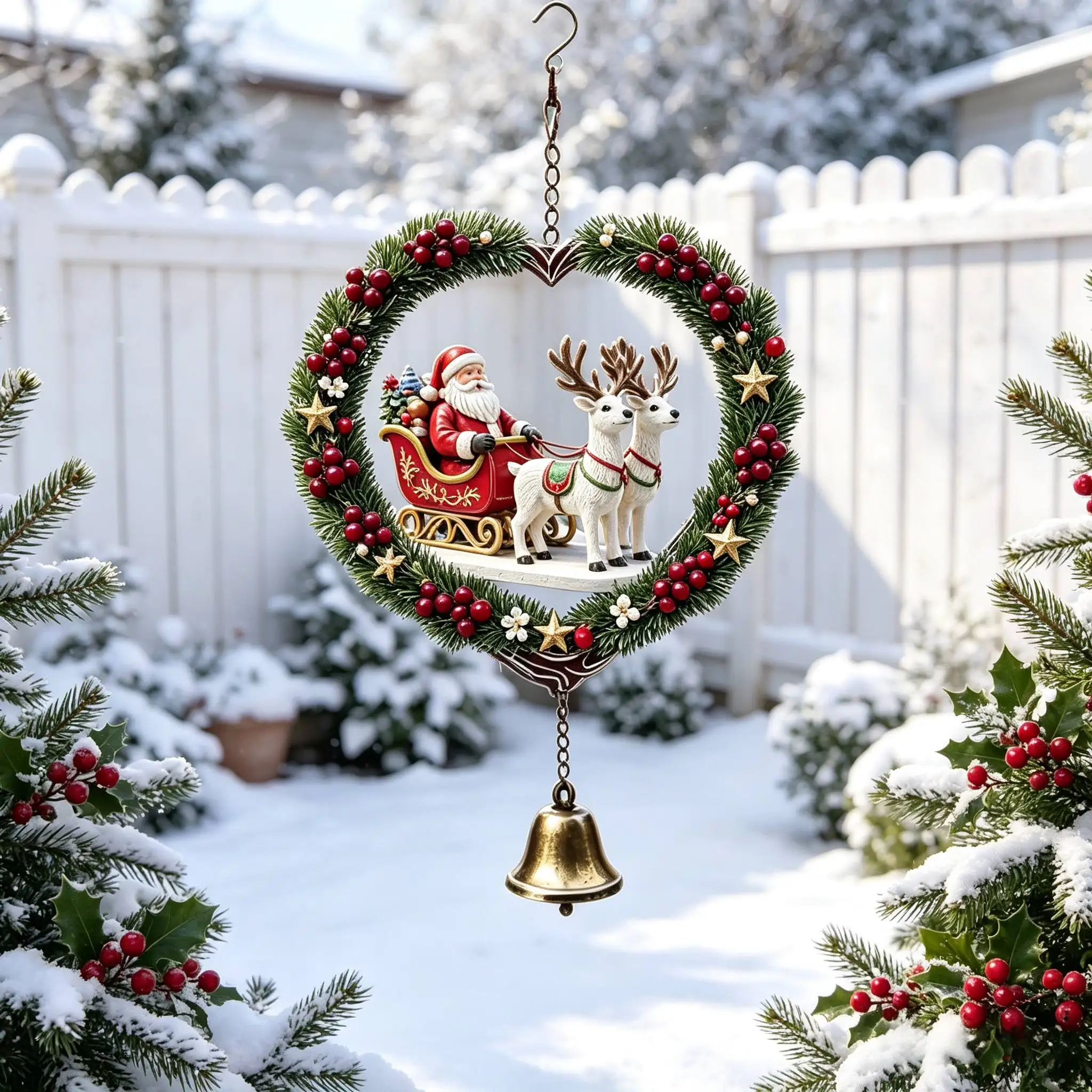 1 Piece of Pine Needle Red Berry Heart-Shaped Wreath with Santa Claus and Copper Bell Metal Wind Chime, 2D Flat Acrylic Design Featuring Two Reindeer Pulling a Sleigh and Santa Claus, Decorated with Stars and Holly Ber
