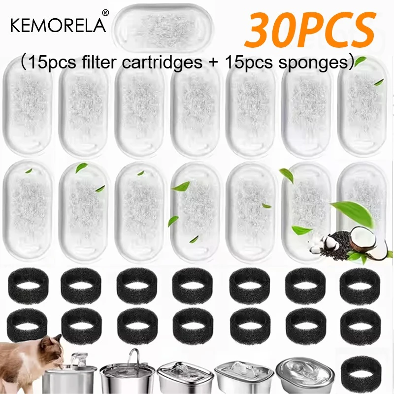Kemorela 30 Stück, geeignet für Ersatzfilterelemente aus Edelstahl, Katzenwasserspender, Aktivkohle-Schwammfilter