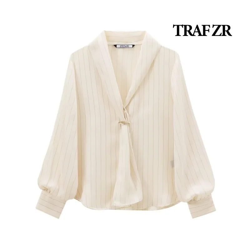 TRAF ZR Striped Blouses for Lady Long Sleeve Shirt Elegant Women's Luxury Blouses V-neck Vintage Blouse Autumn Women's Shirt