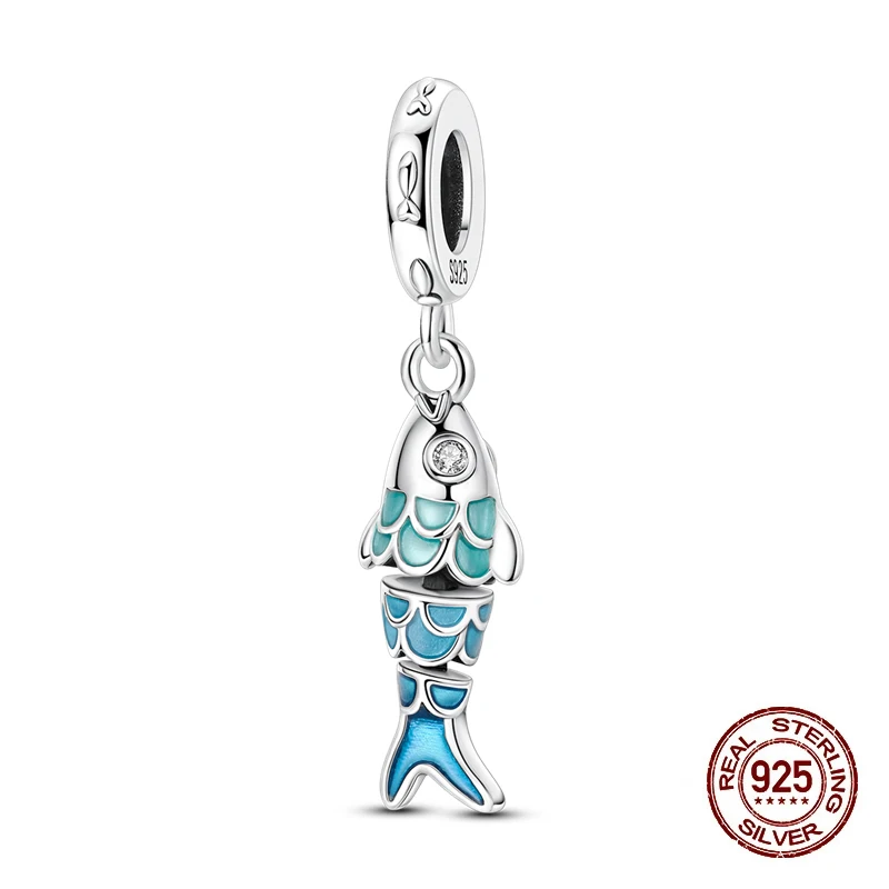 Fit Original 925 Sterling Silver Charms Beads Blue Swimming Fish Shining Scales Charms for Women Fine DIY Birthday Jewelry Gifts