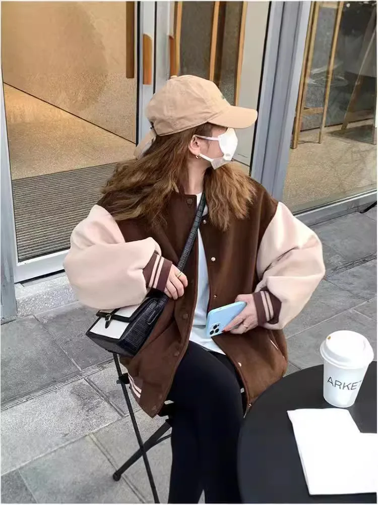 Baseball Jackets For Girls Womens Winter Spring Distressed Slit Baggy Matte Turn-down Biker Sportwear Color-blocked Reversible