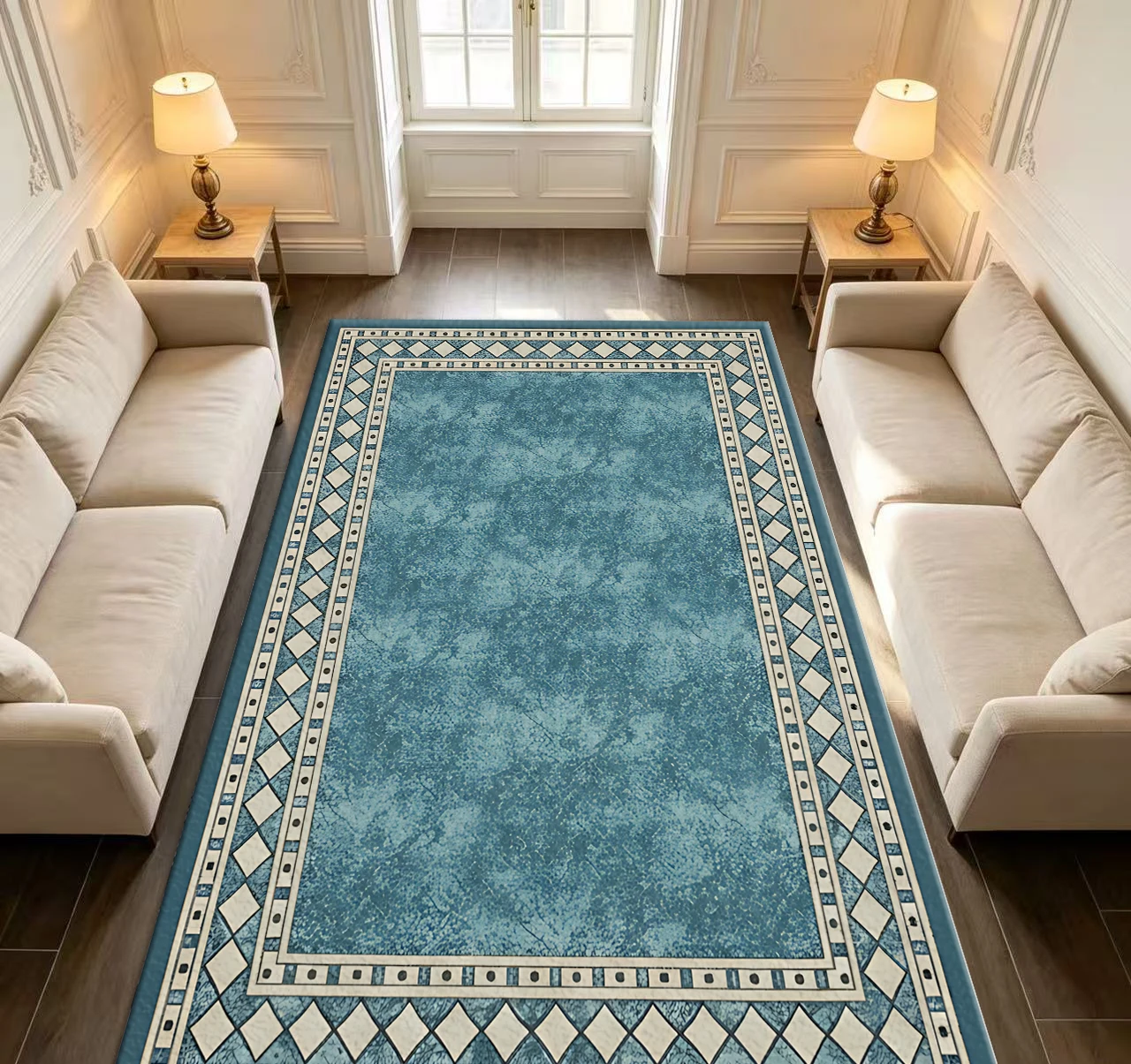 Vintage Teal Cracked Texture Area Rug Diamond Border Ornate Frame Carpet for Living Room Bedroom Home Floor Decoration