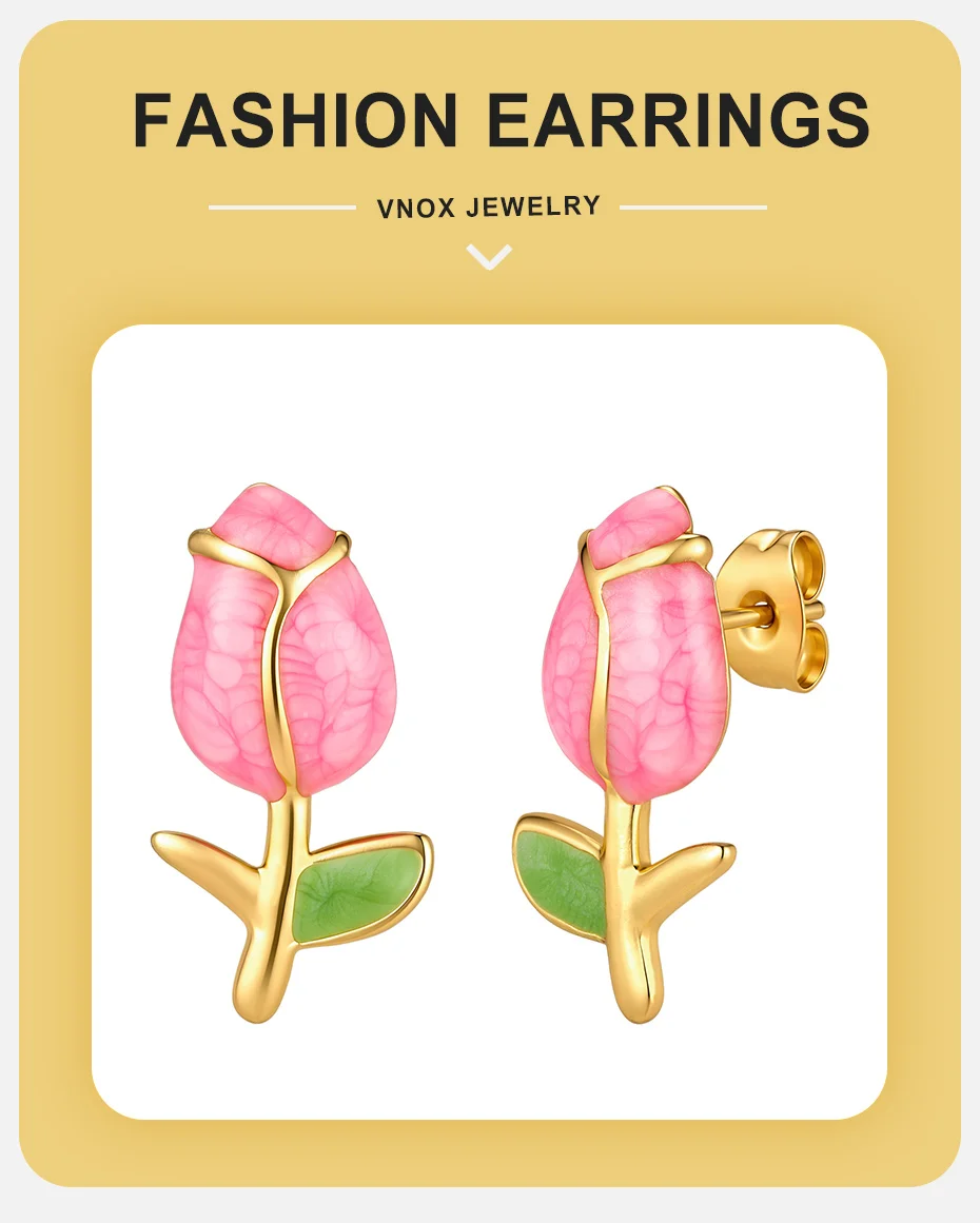 Vnox vergoldete Rosenblüten-Ohrringe für Damen, Edelstahl, niedliche rosa Emaille-Ohrstecker, französischer Stil, ästhetischer Schmuck – Detail 1