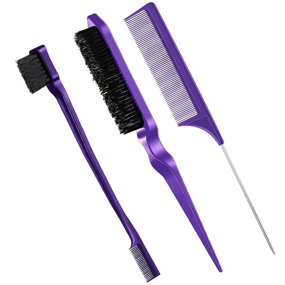 3Pcs Slicking Hair Brush Rat Tail Comb for Edge Back Slick Brush Set Teasing Brush Bristle Hair Brush Grooming