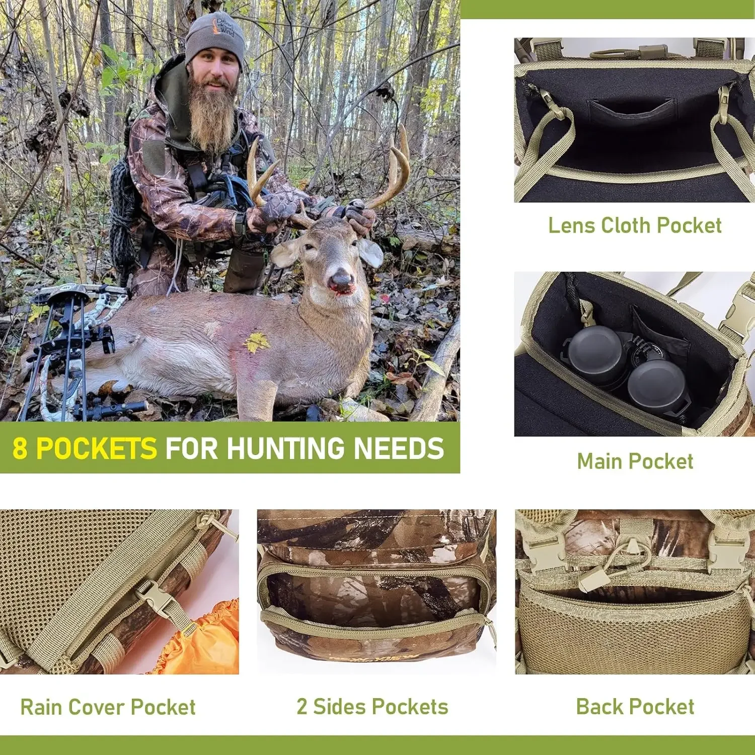 حزمة صدر مجهر من خشب الأرز البري مع حقيبة محدد المدى، حزام بينو مع غطاء للمطر لمشاهدة الطيور والصيد والمشي لمسافات طويلة