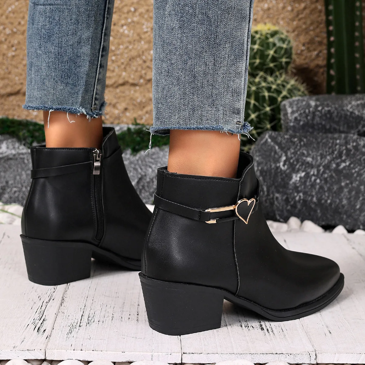 Block Heel Booties Women's Fashion 2025 Pointed Toe Side Pull Soft Sole Anti-slip Wear-resistant High Heel Boots