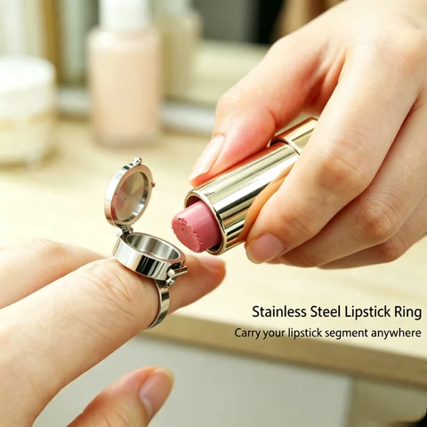 Stainless Steel Hidden Locket Lipstick Ring for Women Storage Mini Lip Balm Container Finger Ring Unique Makeup Jewelry Gift