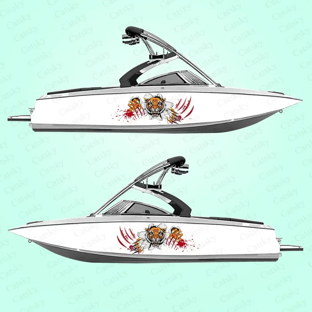 Personalized Fierce Tiger Blood Pattern Printing Graphic Vinyl Waterproof Boat Wrap Decal Fits Any Boat Custom Image 2Pcs