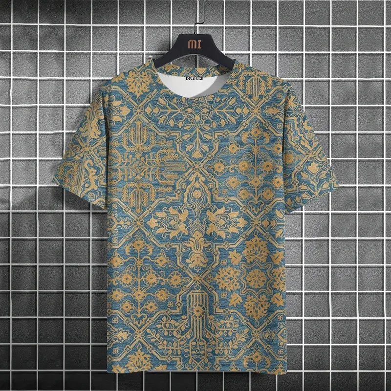 

Vintage Men's T-shirt Ethnic Print Casual Short Sleeve Summer Round Neck Streetwear Male Loose Sweatshirt Breathable Men Clothes
