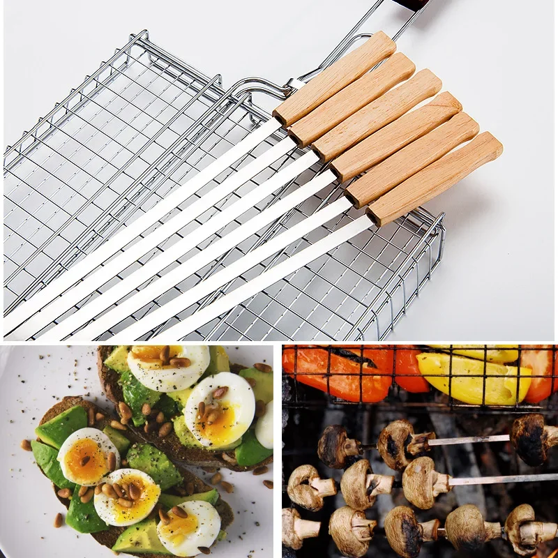 6/8pcs Kabab Koobideh Skewers 17 Inch Stainless Steel Grilling BBQ Skewer Reusable Barbecue Skewers Flat Stick with Wood Handle view 2