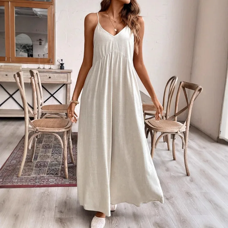 

Women Elegant Spaghetti Straps V Neck Sleeveless Maxi Long Dresses White Ruched Folds Solid Loose Dress 2025 Summer Big Hem