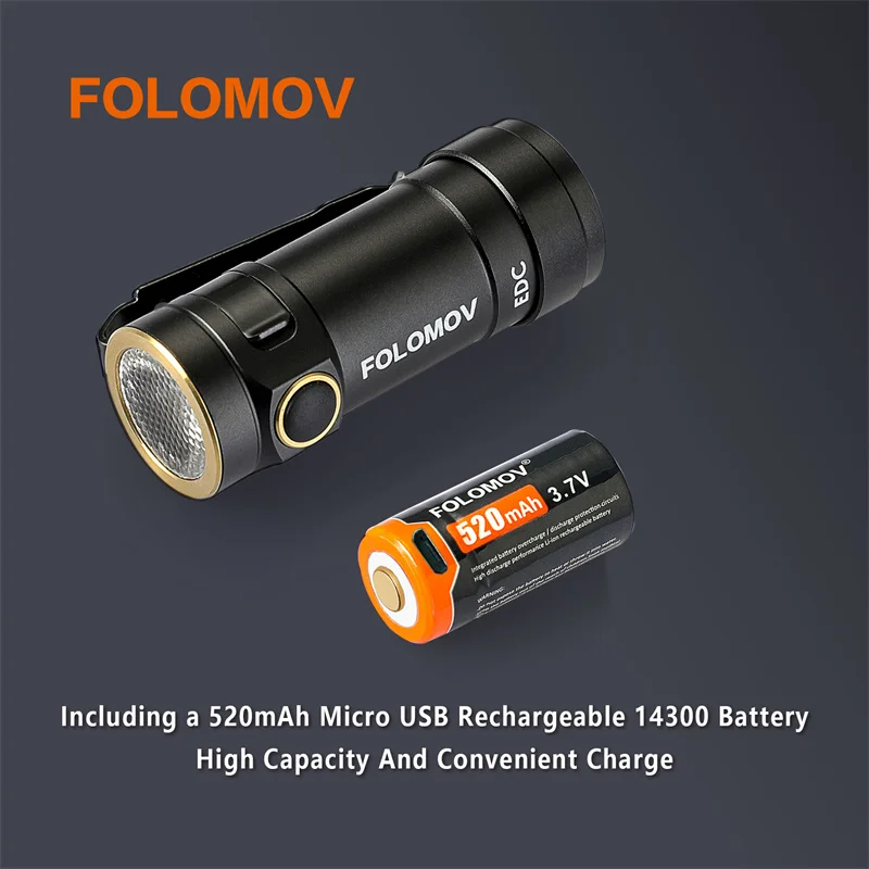 FOLOMOV EDC C2 Nicha E21A 8 Modes Outdoor LED Flashlight 600Lumens Magnetic Tail EDC Mini Flashlight Rechargeable 14300 battery