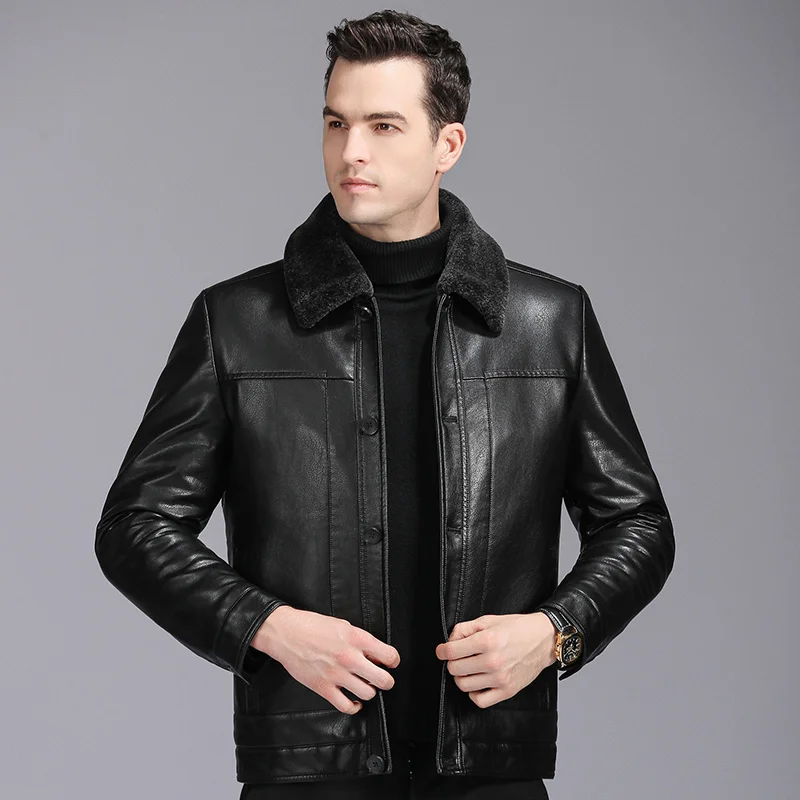 Men\'s Lapel Fleece Lined Bomber Genuine Leather Jacket Thick Lambskin Warm Biker Jackets Button Classic Man Leather Jacket C330