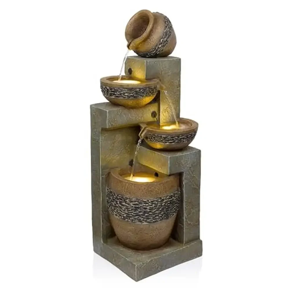 

Outdoor 4-Tier Pots Fountain w/ LED Lights 39" H Cascading Garden Water Fountain Gray Tranquil Relaxing Ambience Yard Décor