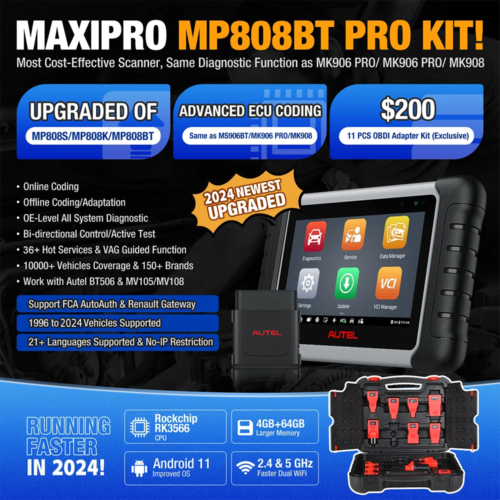 Autel MaxiPRO MP808BT PRO Kit Diagnostic Scanner Automotive Online ECU Coding Tool, Active Test, 38+ Services, 2-Yea Free Update