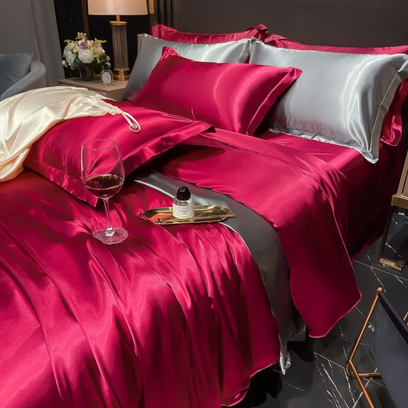 Solid Silk Bedding Set with Duvet Cover Bed Sheet Pillowcases Luxury King Single Double Couple Pillow Case Bedsheet