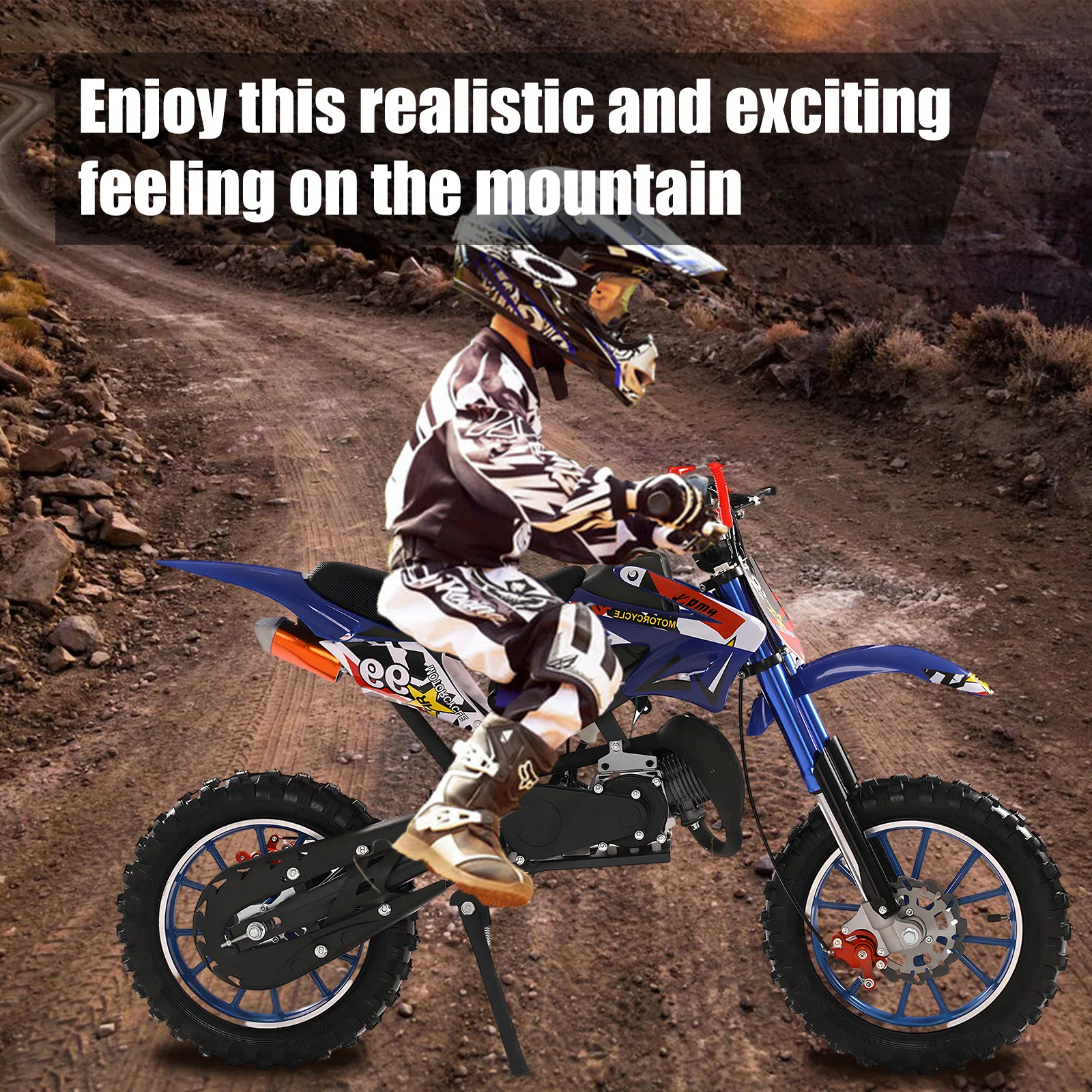 49cc 2-Stroke Dirt Bike, Off Road Mini Motorcycle, Pocket Motorbike with Front Rear Disc Brakes, Racing Max Speed 40KM/H (Blue)