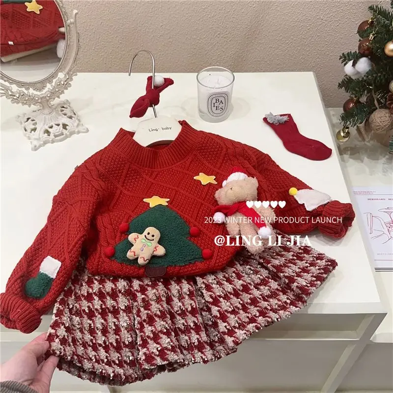 

Winter Elegance Fashion Girls Sweet Casual Kids Princess Christmas Pullover Cartoon sweater Red Sweater+Plaid skirt 2Pcs Suits