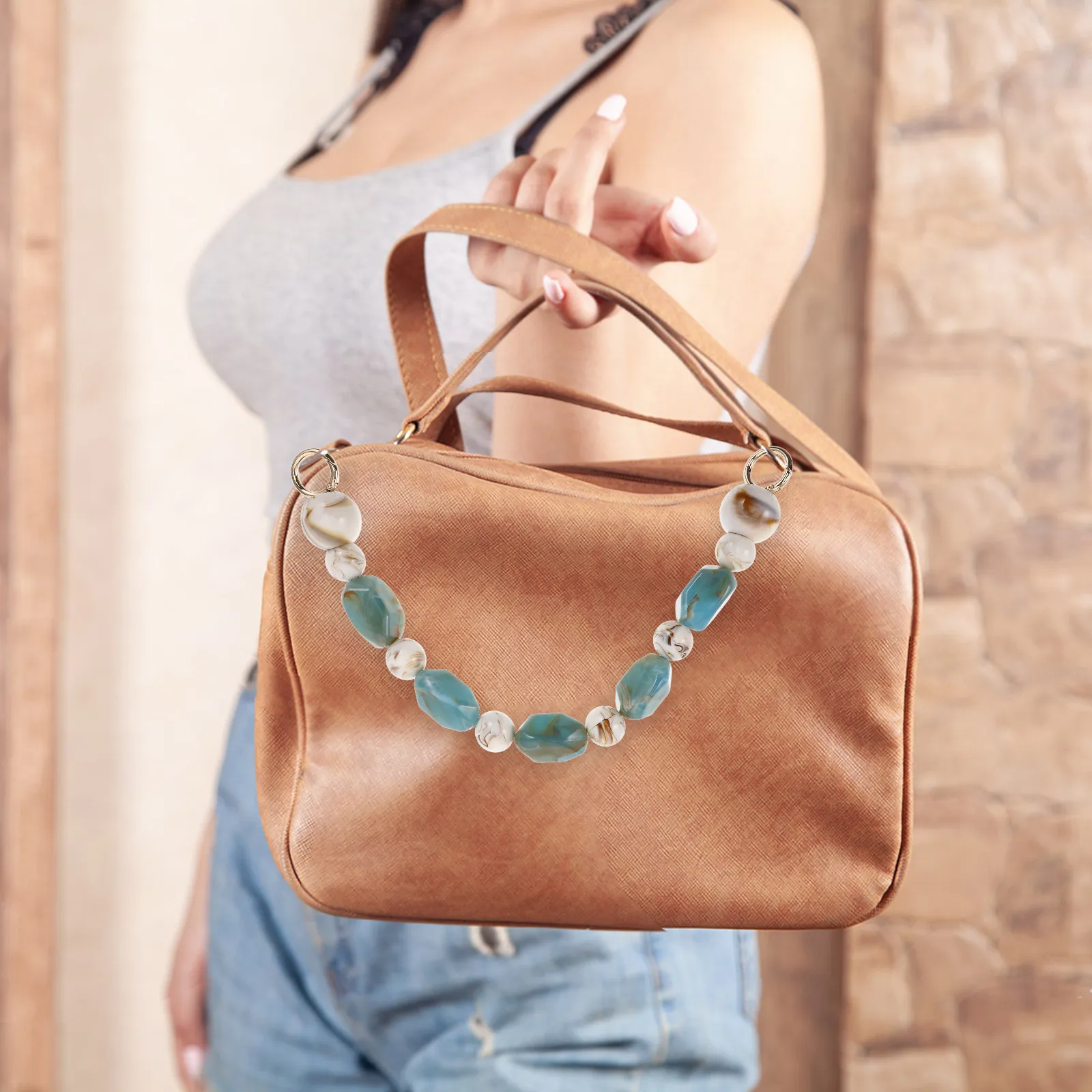 Pearl Purse Strap Chain Extender with Vintage Hand-Painted Beaded Acrylic Handle for Crossbody Shoulder Bag, 38 cm