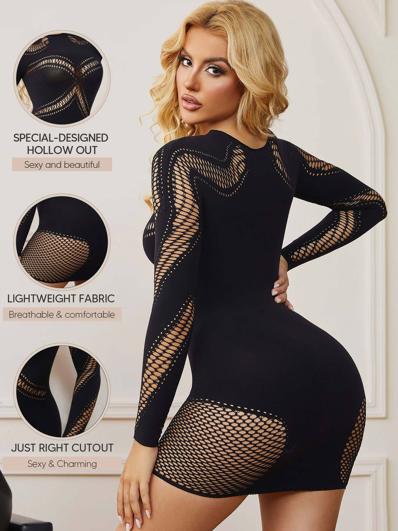 여성 섹시 클럽 미니 드레스 레이스 베이비돌 하이넥 긴팔 컷아웃 숏 바디콘 드레스