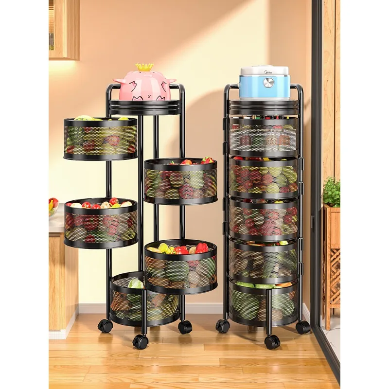 

360-Degree rotating kitchen storage rack floor-to-ceiling multi-layer fruit and vegetable basket removable household