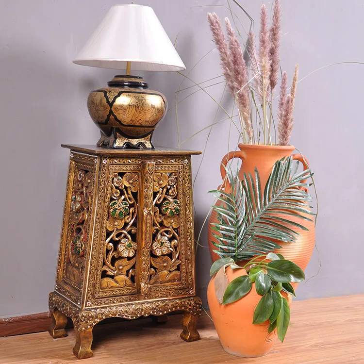 HHSolid Wood Carving Flower Sticker Gold Foil Bedside Table Bedroom Storage Bedside Table