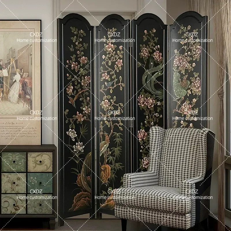 Retro Folding Screen Medieval Style Mix and Match Mobile Living Room Partition Phoenix Lacquer Painting Entrance Decor