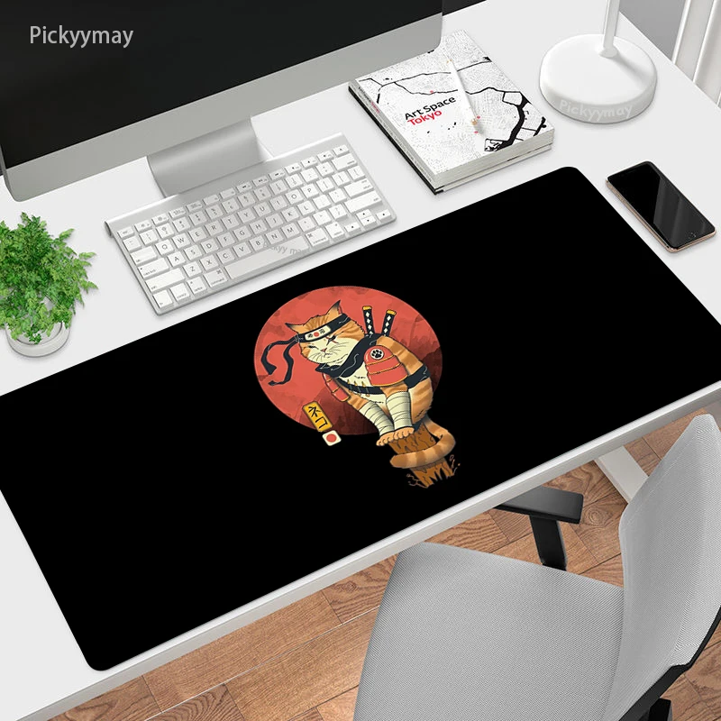 

Japan Cat Large XL Mousepad Anime Samurai Gaming Mouse Pad Computer Accessories Kawaii Keyboard Black Padmouse Office Desk Mat