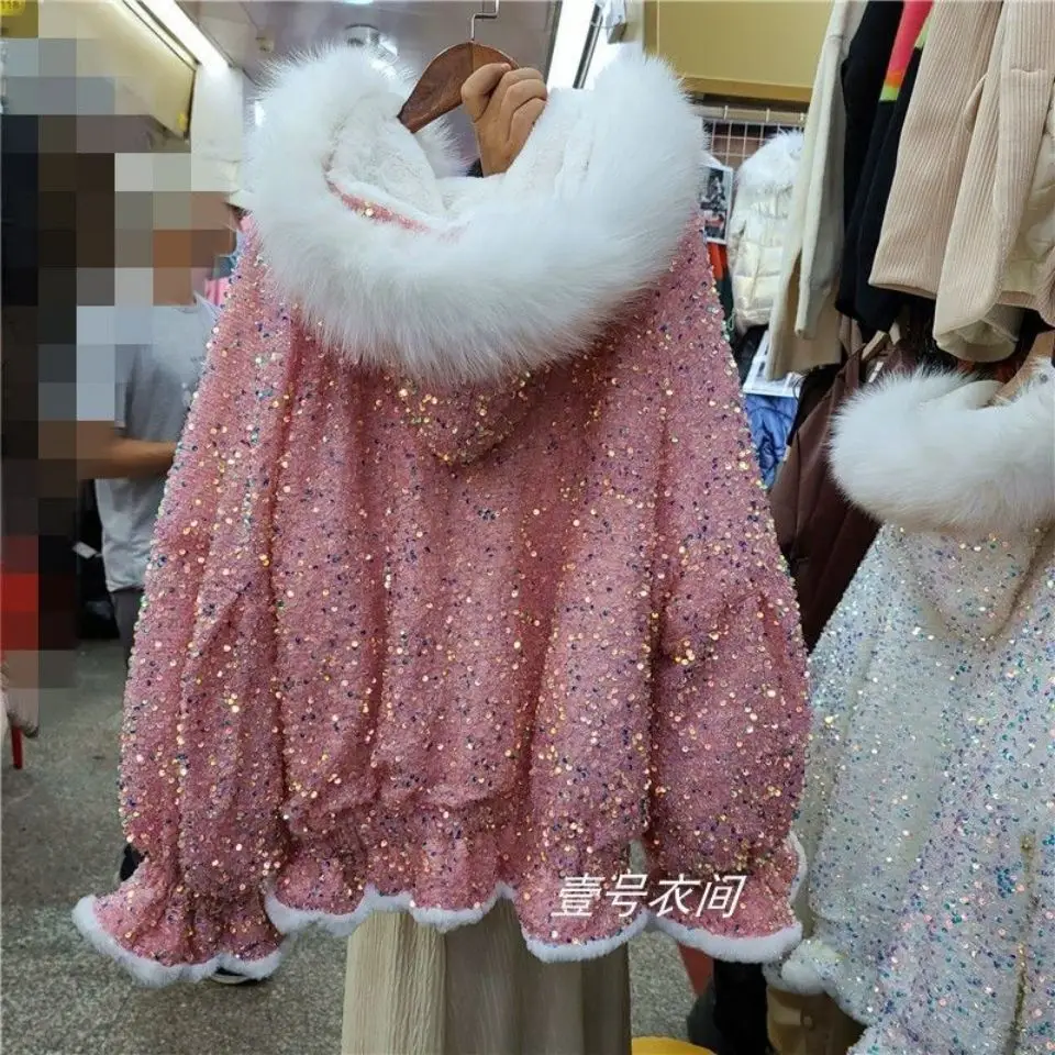 レディースジャケット 冬用 厚手コットン服 大きなファーカラー付きコート スパンコールがおしゃれ