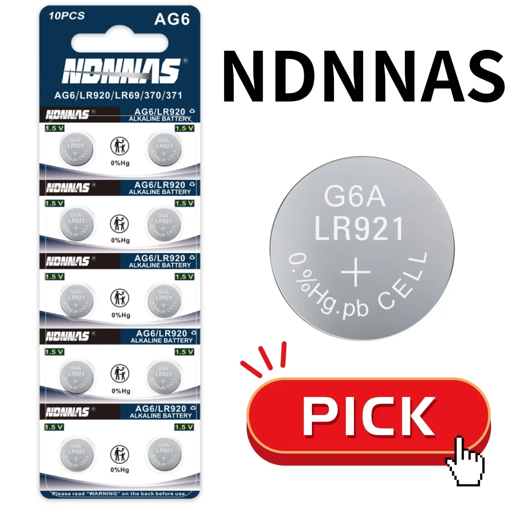 

10PCS AG6 LR920 LR69 370 371 1.5V Alkaline Button Cell Batteries 0% Hg Pb Free for Watch Calculator Toy Car Key Fob